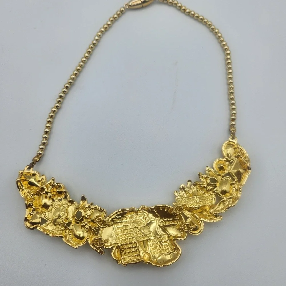 Disney Store Princess Tiana Gold Tone Green Enamel Rhinestone Statement Necklace